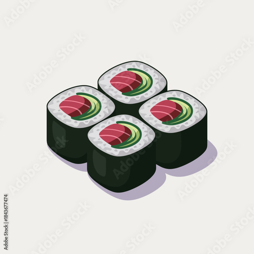 An appetizing illustration of carefully arranged sushi rolls, showcasing fresh ingredients and artistic presentation, capturing the essence of culinary art in Japanese cuisine.