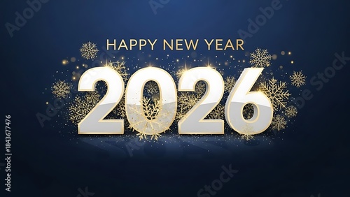 Happy new year 2026 celebration with golden glitter and festive snowflakes on a blue background
