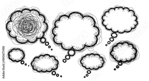 Abstract set of hand-drawn thought bubbles with chaotic scribbles inside, symbolizing confusion, anxiety, or complex thinking processes.