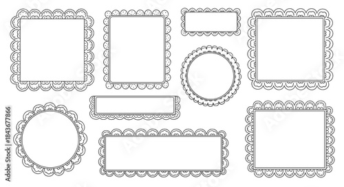 Decorative set of hand-drawn frames and borders with delicate scalloped lace edges, perfect for vintage-style invitations and announcements.