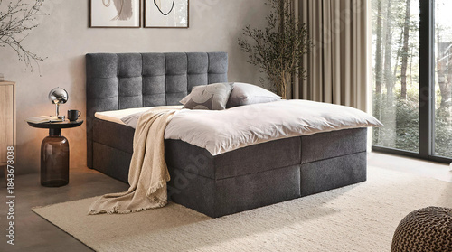 Modern luxury bedroom interior in minimal scandinavian style, 3d render