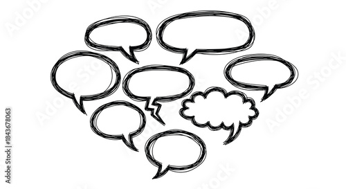 Expressive collection of hand-drawn speech and thought bubbles with a messy, scribbled outline style, ideal for informal and creative projects.