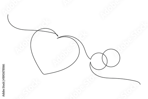 Continuous line drawing of a heart and two intertwined rings symbolizing eternal love and union illustration