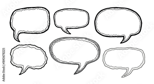 Set of hand-drawn speech bubbles featuring ragged, torn paper edges for a rustic, handmade, and slightly distressed communication element.