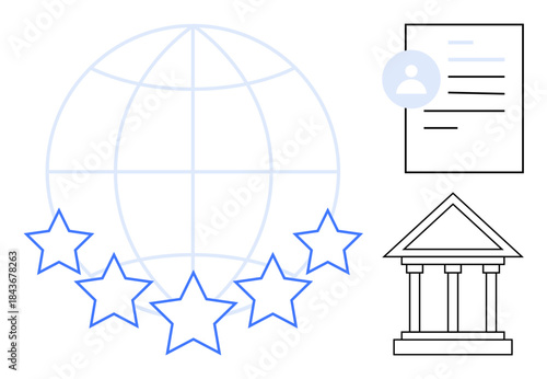 Global connectivity, quality assurance, identity verification, user profiles, institutional trust, bureaucracy. Features stars, globe user profile and institution icon. Global connectivity