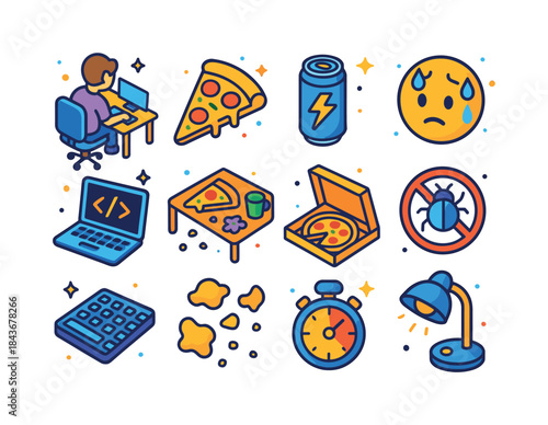 Coding Fuel Icons. sweat + code + pizza. Colorful isometric vect