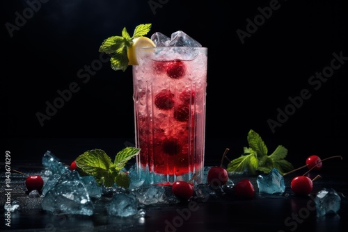 Vibrant red cocktail is garnished with fresh mint, lemon, raspberries, and ice, creating a refreshing summer drink