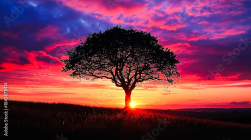 Majestic lone tree standing on grassy hill silhouetted against stunning pink and purple sunset sky, peaceful natural landscape and solitude concept.