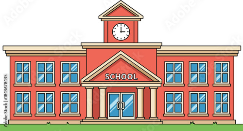 Classic school building exterior with clock tower and entrance, colorful flat cartoon vector illustration for education concepts.