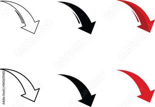 Collection of six downward pointing arrows in sketch black and red variations on a white background