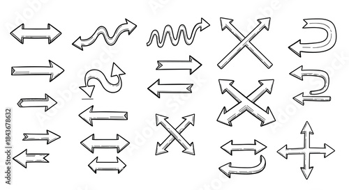 Hand-sketched set of versatile arrows indicating multiple directions, perfect for infographics, user interface design, and flowcharts.
