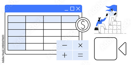 Financial planning, business strategy, digital tools, teamwork, profit calculation, resource allocation. A spreadsheet, dollar symbol calculator and team working to stack blocks. Financial planning