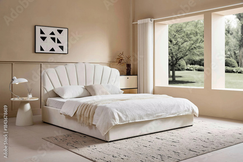 Modern luxury bedroom interior in minimal scandinavian style, 3d render