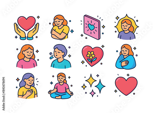 Colorful Self-Love Icons. Self-love. Colorful isometric vector i
