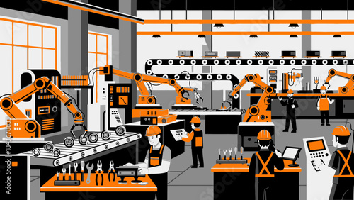 Under construction sign vector illustration for business website background featuring power equipment, people, and a city building