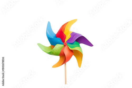 six-bladed rainbow pinwheel toy with yellow and purple as primary colors on a dark stick, no background svg