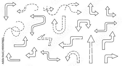 Collection of hand-drawn arrows with dashed and solid lines, showing various curved, bent, and winding paths for process diagrams.