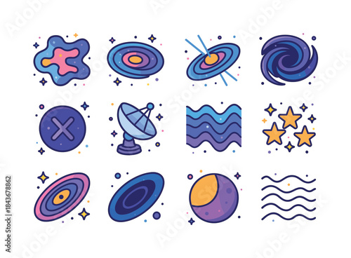 Colorful Space Icons Set. Deep space. Colorful isometric vector