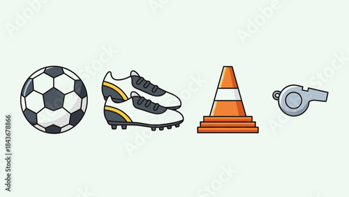 Red and white traffic cones on a white background with a soccer ball, vector illustration for a sport championship game design
