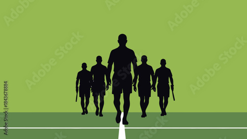 Silhouettes of people walking and playing football on a green field vector illustration