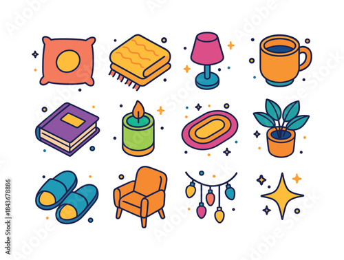 Colorful Relaxation Icons. relaxing space. Colorful isometric ve
