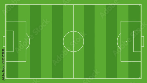Green soccer field stadium pitch with white line, ball, and goal for championship sport game illustration