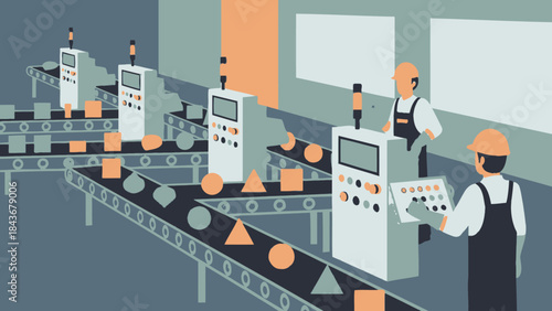 Automated Assembly: A modern factory setting features an automated assembly line, where diverse geometric shapes are precisely processed, with workers overseeing the production process. 