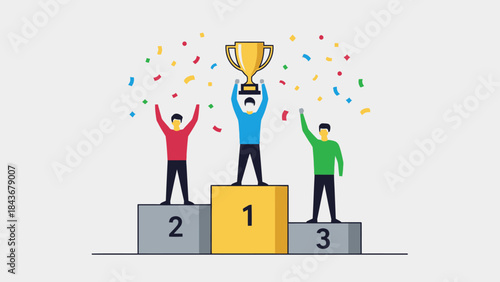 Podium of Triumph: A stylized illustration capturing the essence of success, with a golden trophy held high by the victor, confetti adding a festive touch to the celebration.