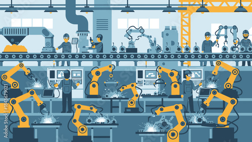 Automated Industry Assembly: An industrial environment showcasing a sophisticated assembly line, where advanced robotic arms and human technicians work together to assemble and manufacture products.