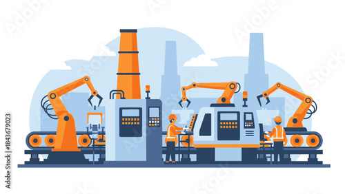 Automation in Manufacturing: A visual depiction of a modern factory floor, showcasing the dynamic synergy between human expertise and automated machinery in an Industry setting.