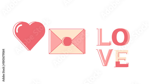 Love Letter & Heart: A charming composition showcasing the word 'LOVE' alongside a heart icon and an envelope, symbolizing the timeless sentiment of affection, perfect for expressions of endearment.