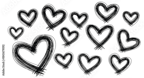 Expressive collection of hand-drawn hearts in a rough, messy scribble and sketch style, perfect for conveying raw emotion and passion.