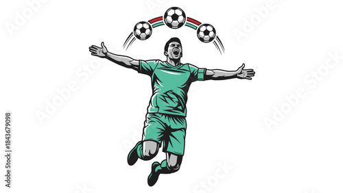 Soccer Player's Goal Celebration: An illustration of a triumphant soccer player in action, celebrating a successful goal with arms wide and soccer balls flying above him.