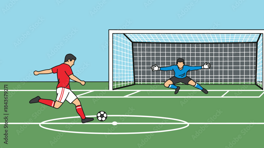 Fototapeta premium Goal Strike Showdown: A vivid display of athletic prowess as a soccer player prepares to strike the ball toward the goal, with the goalkeeper poised for defense.