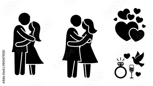 Love's Embrace: An array of artistic illustrations captures the essence of love, from a couple's tender embrace to the iconic symbols of hearts, rings, and a dove, conveying romance, commitment.