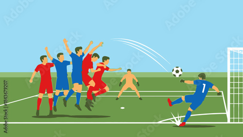 Soccer Game Illustration: An exciting soccer game illustration depicting players in action. A focused player kicking the soccer ball toward the goal post. 