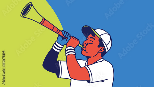 Fanfare's Anthem: An illustration of a dedicated fan, completely engrossed, passionately blowing a vuvuzela. Captured with dynamic lines and a vibrant palette, celebrating the spirit of the sport.