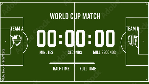Countdown to Kickoff: The digital clock counts down the seconds, the stage is set for a thrilling world cup match. The field is ready and teams anticipate the start