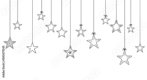Clean, minimalist sketch of decorative stars hanging from strings with bows, perfect for a cute and simple holiday or party border.