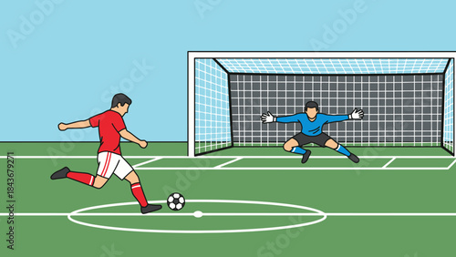 Goal Strike Showdown: A vivid display of athletic prowess as a soccer player prepares to strike the ball toward the goal, with the goalkeeper poised for defense.