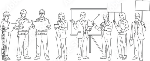 Construction workers, business meeting, protest scene, professional roles, workplace diversity, blueprint and graph, flat vector illustration