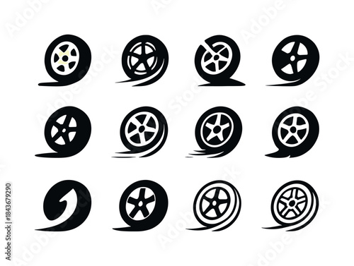 Dynamic Wheel Logos. Spinning wheels out of control. Icon set. S