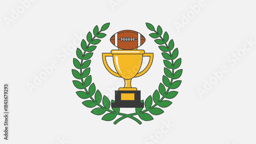 A golden trophy with an American football on top, surrounded by a green laurel wreath, symbolizing victory and achievement in sports.