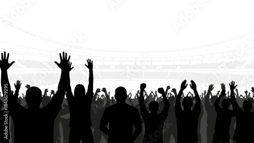 Excited Silhouette Crowd: A silhouette crowd stands with hands raised high in the air, creating a striking visual, perfect for capturing the essence of excitement and enthusiasm
