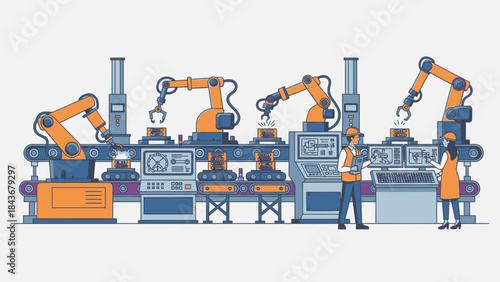 Robotic Assembly Line: An illustration of a modern industrial scene, showcasing automated processes with advanced machinery and human interaction in a manufacturing setting.