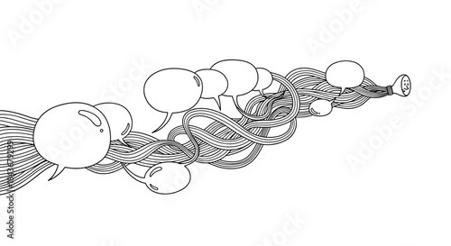 Conceptual hand-drawn artwork showing many speech bubbles emerging in a tangled stream from a single source, symbolizing mass communication.