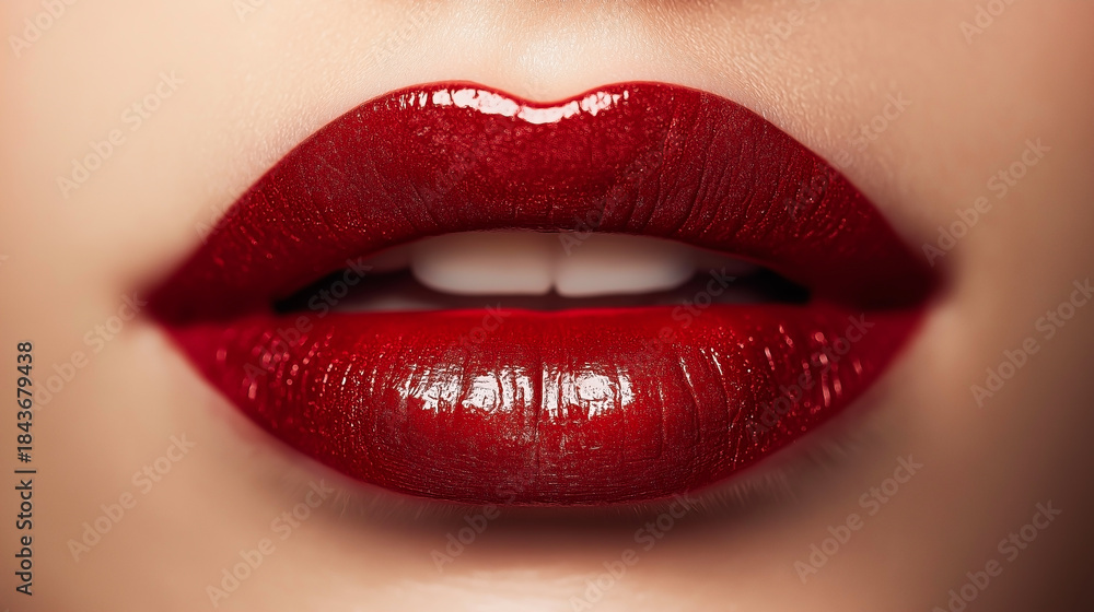 Fototapeta premium Close-up of beautiful woman lips with red ombre lipstick, soft matte texture and sensual makeup look, fashion and beauty background.