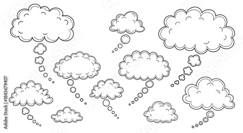 Collection of hand-drawn thought bubbles and speech clouds in various shapes and sizes with a textured, sketchy line art style.
