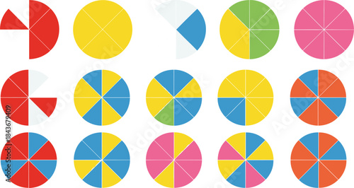 Colorful pie chart and circle diagram set for data visualization, infographic design, statistics presentation, and business analytics concepts