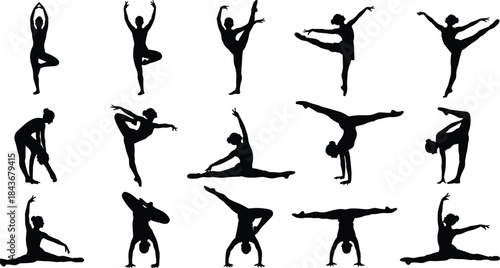 Dance poses, gymnastics moves, flexibility, balance, strength, silhouette figures, dynamic motion, artistic expression, black shapes, flat vector illustration